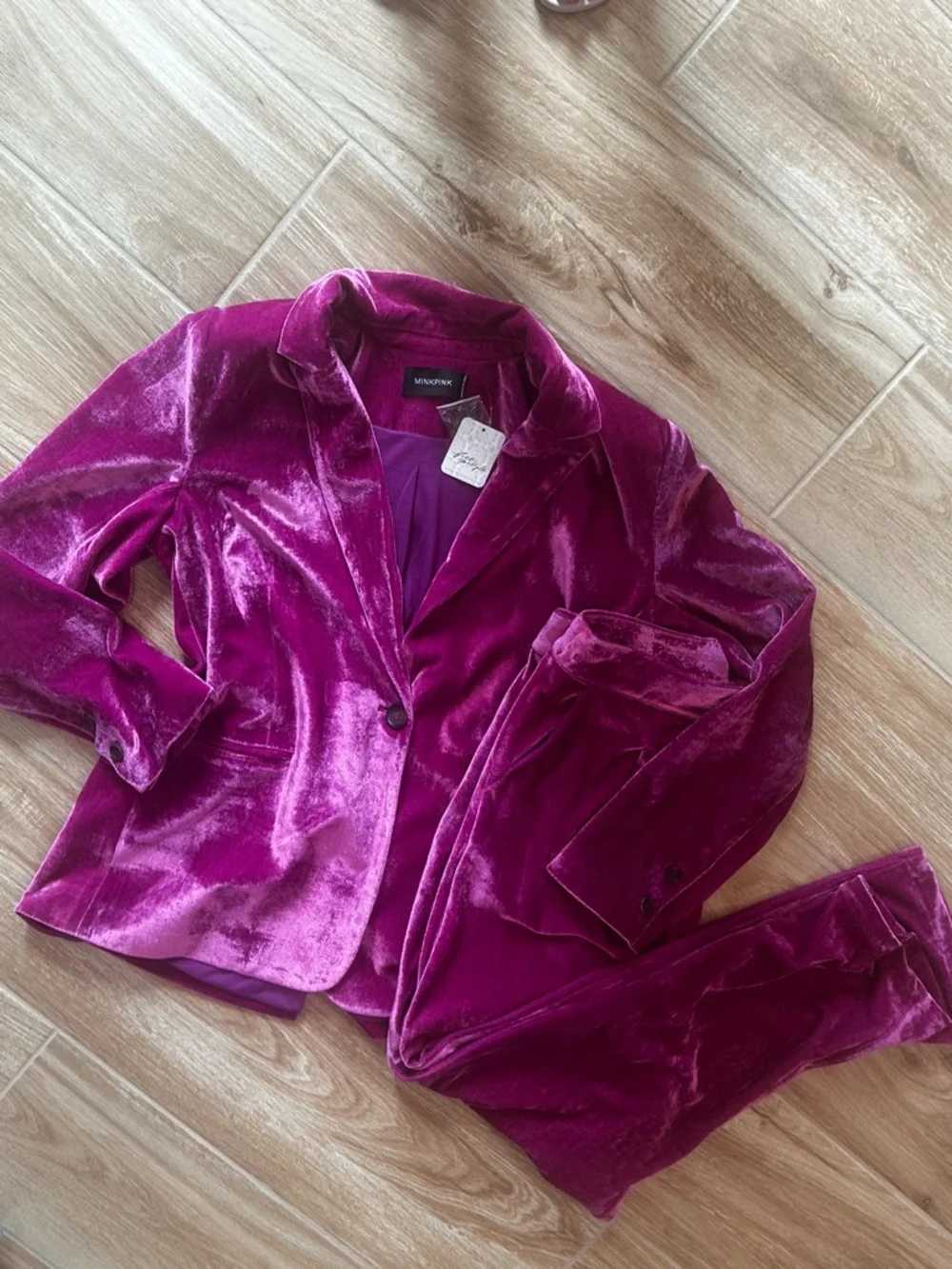 🆕 NWT Free People / Mink Pink plush fuchsia pink velvet blazer 2 Pc set. Sz M ( - Picture 3 of 9